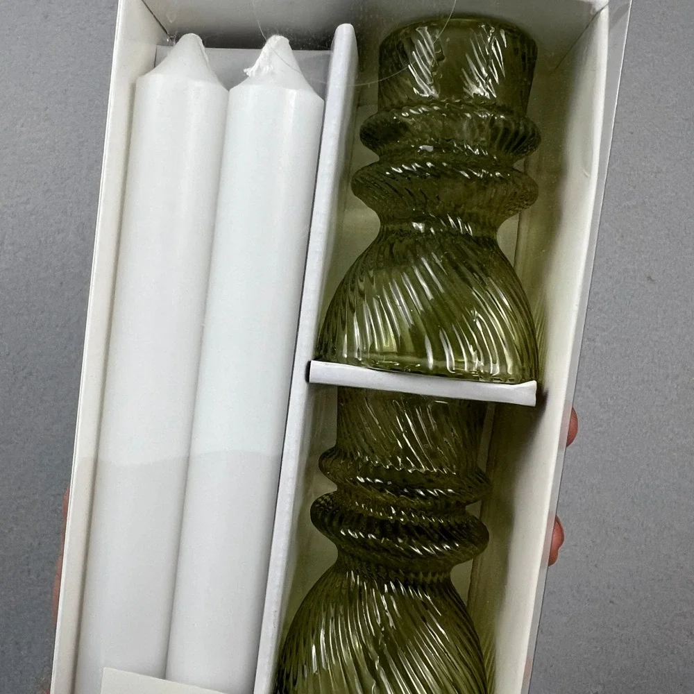 Taper Candle & Holder Set Home 8in Green Ribbed Glass Unscented 4pc Set Target